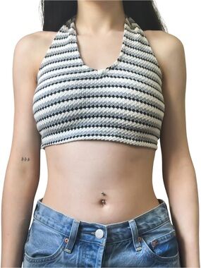 DOUBLE ZERO Halter Crop Top Striped Black Grey and White Size S EUC